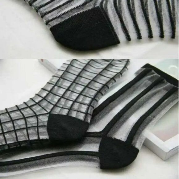 ⭐Women Silky Socks 5 Pairs Transparent Elastic Mesh  Multi design Ankle Black Ne - Picture 5 of 6
